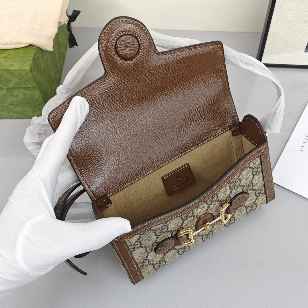 GUCCI Horsebit 1955 Mini Canvas - Leather - Trimmed Bag with Monogram Logo, Unisex, Brown