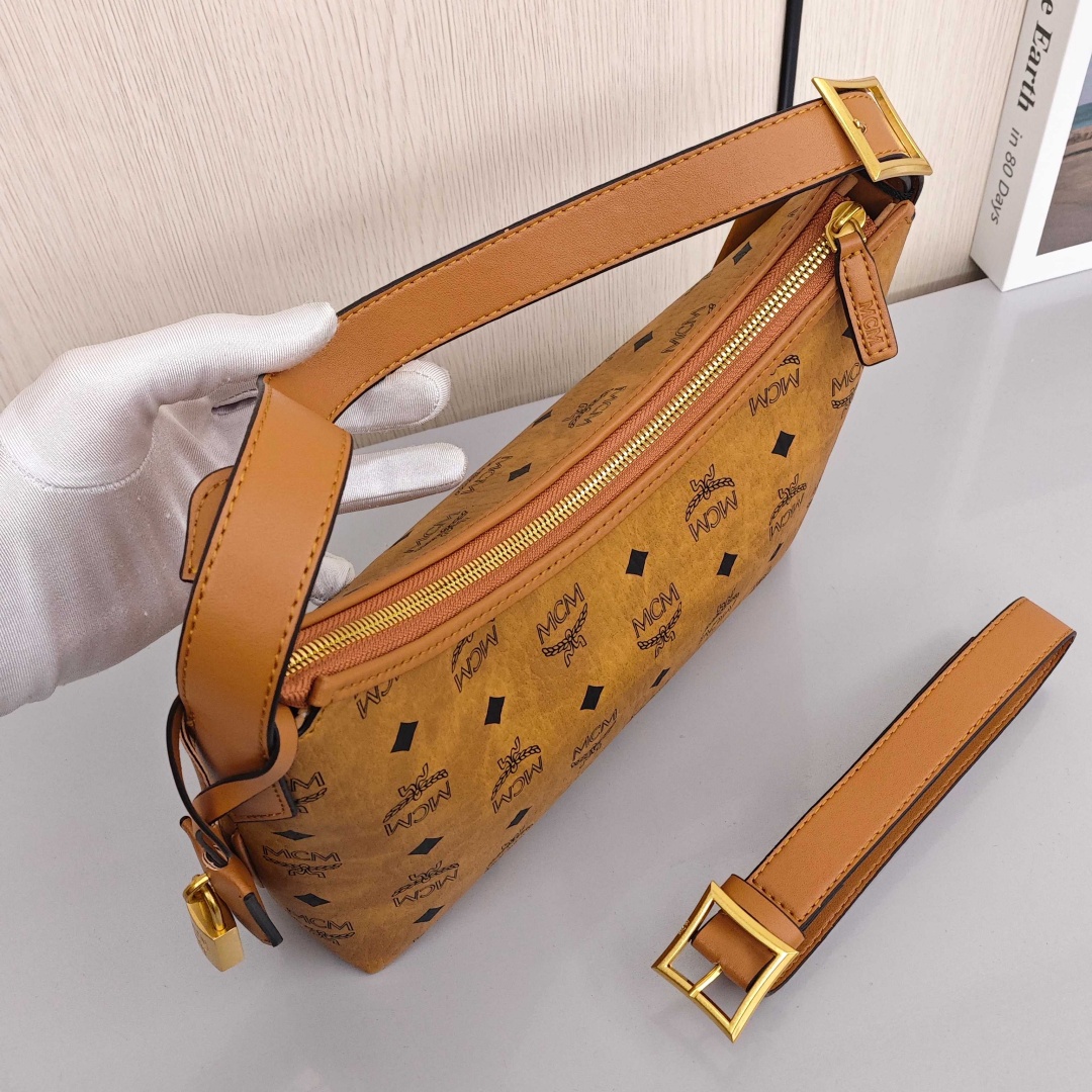 MCM Aren Visetos Monogram Pattern All Over Print, Large Capacity Hobo Handbag, Canvas and Leather Patchwork, Shoulder Bag, Large Size, Women's Style