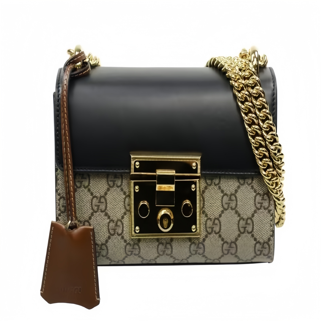GUCCI Padlock Moonlight Treasure Box Collection Canvas - and - Leather - Trimmed Canvas Bag with Lock Closure, Small Size, Women's Style, Ebony/Black