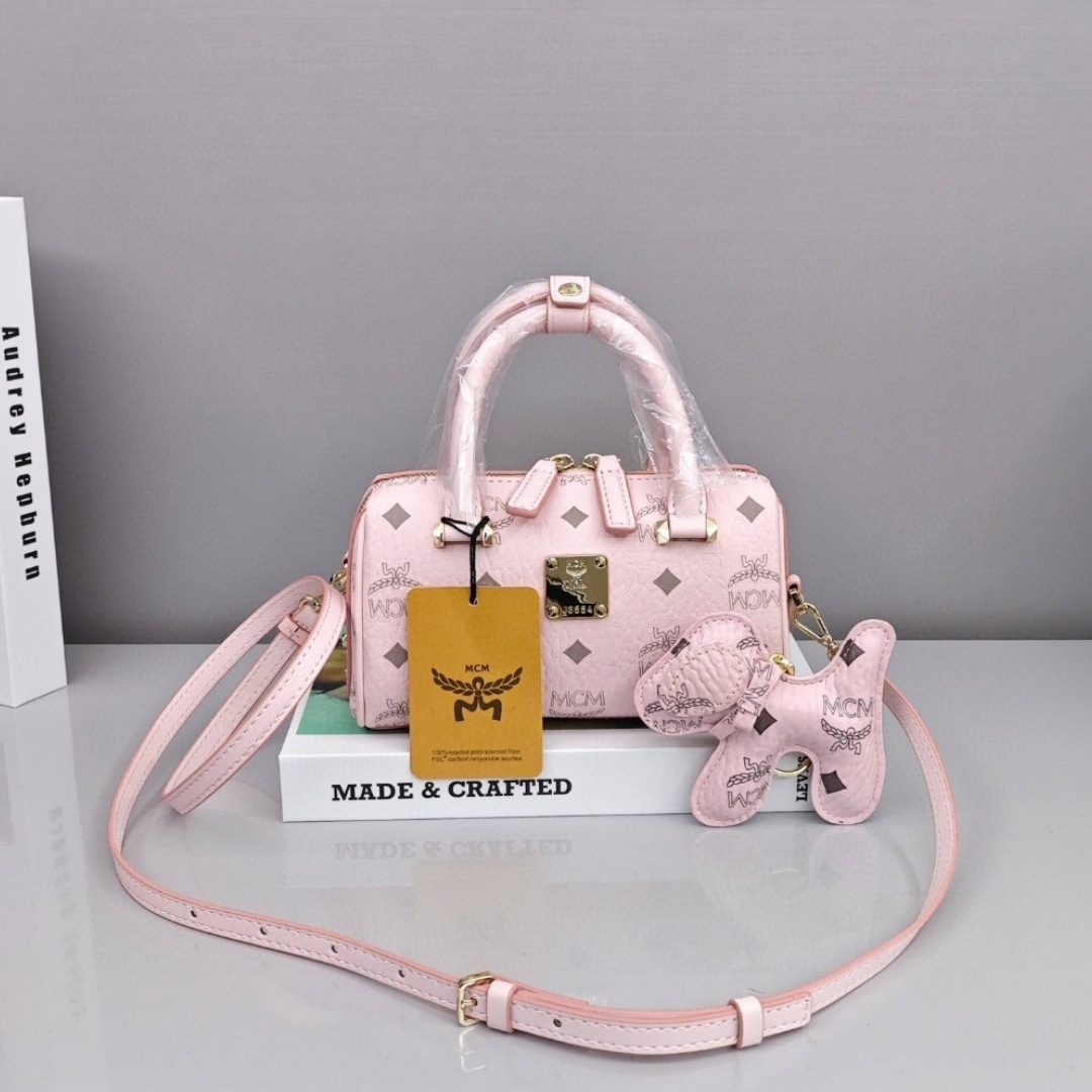MCM Essential Visetos Origina Series, Cowhide, Boston Bag / Pillow Bag, Mini, Women's Style, Light Mist Pink