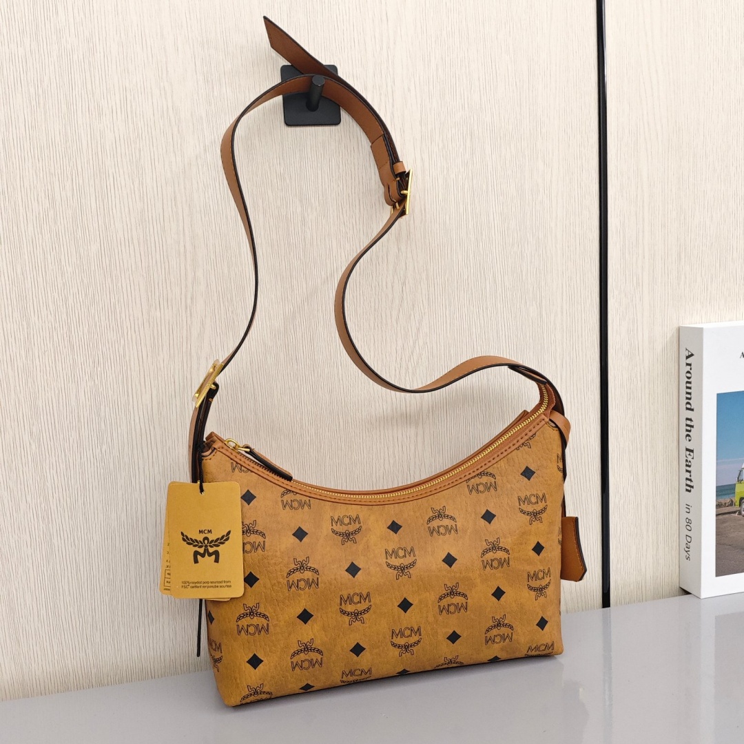 MCM Aren Visetos Monogram Pattern All Over Print, Large Capacity Hobo Handbag, Canvas and Leather Patchwork, Shoulder Bag, Large Size, Women's Style