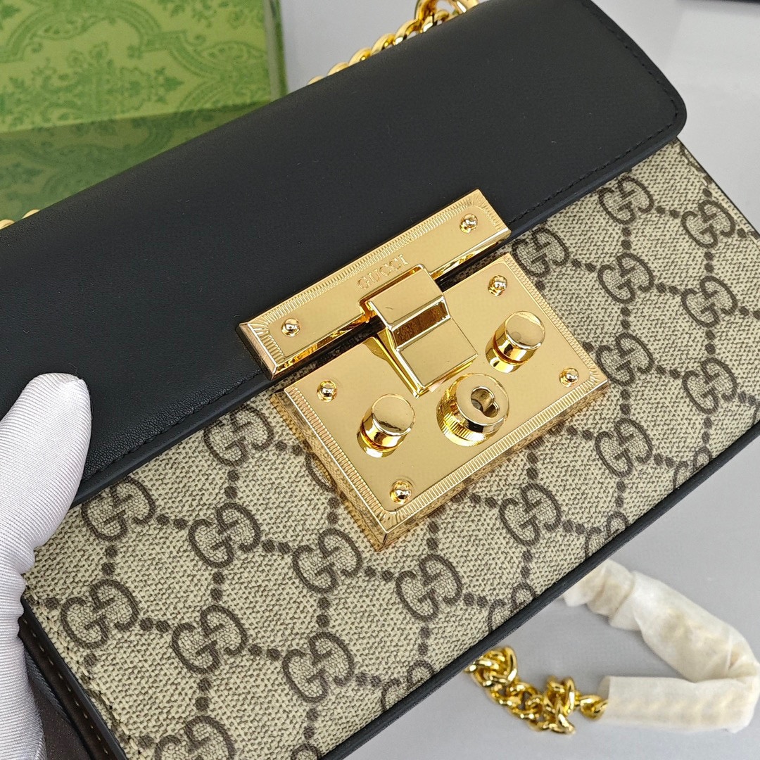 GUCCI Padlock Moonlight Treasure Box Collection Canvas - and - Leather - Trimmed Canvas Bag with Lock Closure, Small Size, Women's Style, Ebony/Black