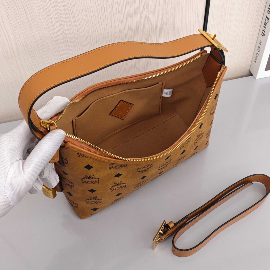 MCM Aren Visetos Monogram Pattern All Over Print, Large Capacity Hobo Handbag, Canvas and Leather Patchwork, Shoulder Bag, Large Size, Women's Style