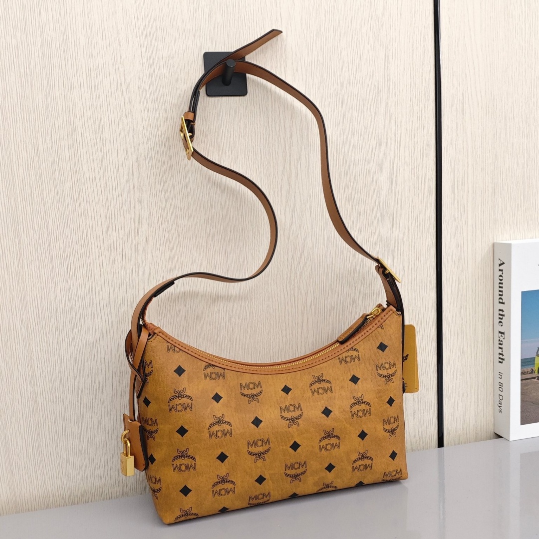 MCM Aren Visetos Monogram Pattern All Over Print, Large Capacity Hobo Handbag, Canvas and Leather Patchwork, Shoulder Bag, Large Size, Women's Style