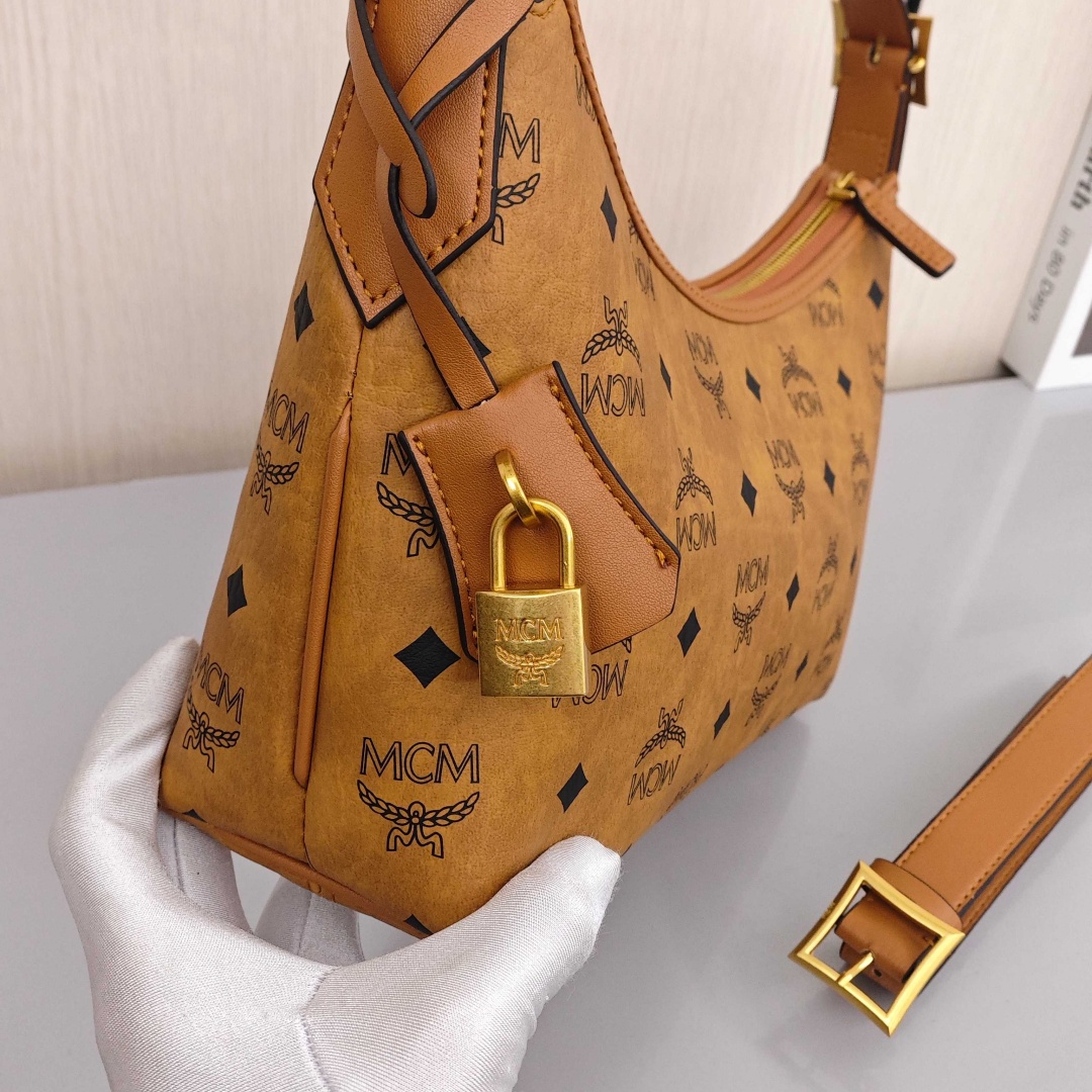 MCM Aren Visetos Monogram Pattern All Over Print, Large Capacity Hobo Handbag, Canvas and Leather Patchwork, Shoulder Bag, Large Size, Women's Style