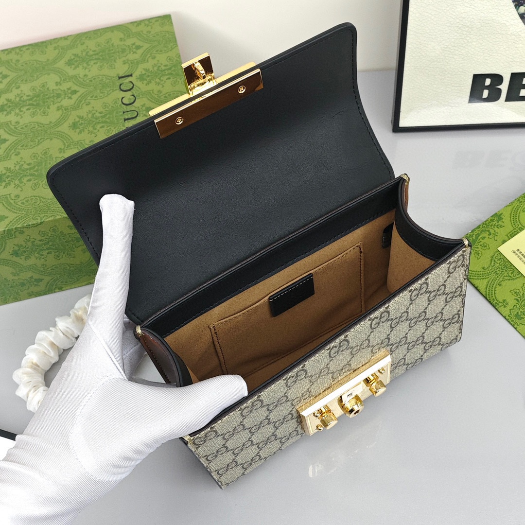 GUCCI Padlock Moonlight Treasure Box Collection Canvas - and - Leather - Trimmed Canvas Bag with Lock Closure, Small Size, Women's Style, Ebony/Black