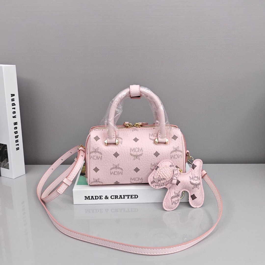 MCM Essential Visetos Origina Series, Cowhide, Boston Bag / Pillow Bag, Mini, Women's Style, Light Mist Pink