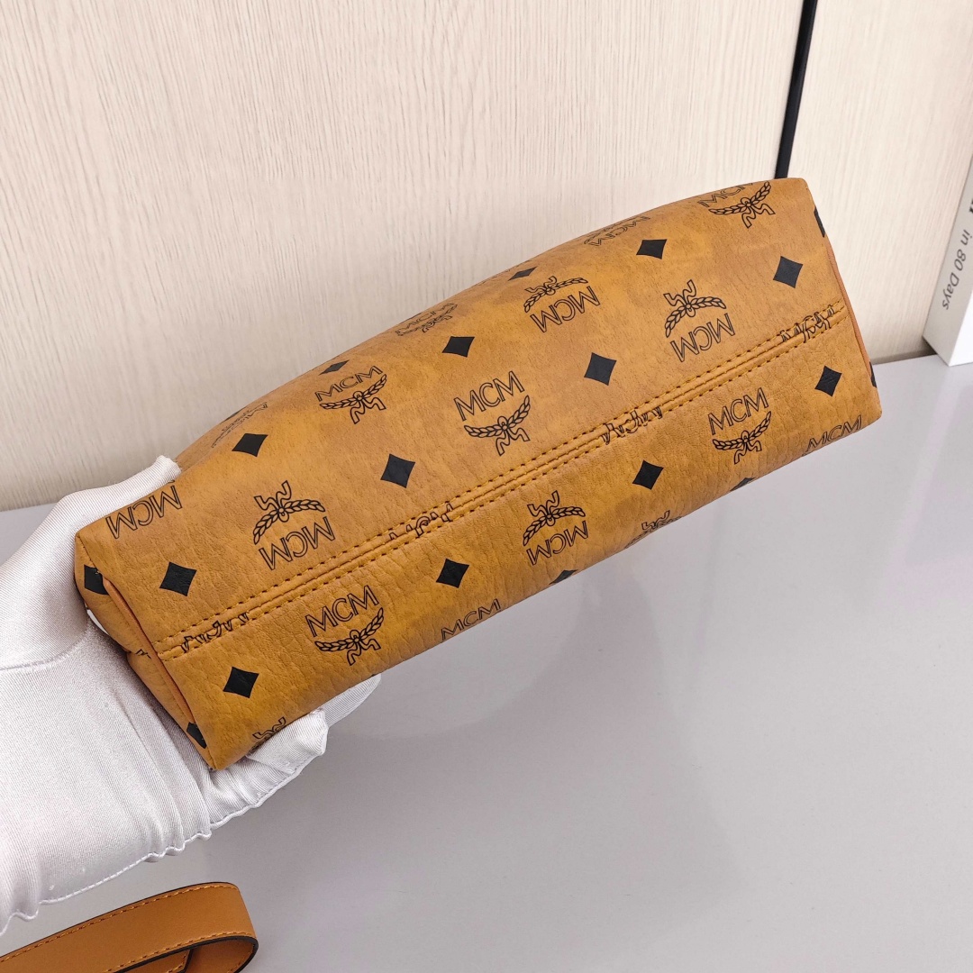 MCM Aren Visetos Monogram Pattern All Over Print, Large Capacity Hobo Handbag, Canvas and Leather Patchwork, Shoulder Bag, Large Size, Women's Style