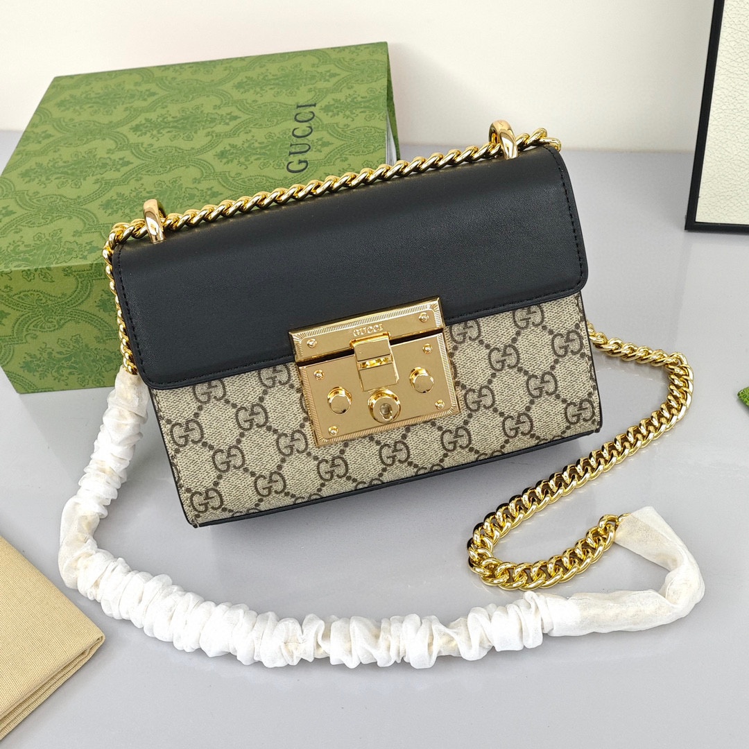 GUCCI Padlock Moonlight Treasure Box Collection Canvas - and - Leather - Trimmed Canvas Bag with Lock Closure, Small Size, Women's Style, Ebony/Black