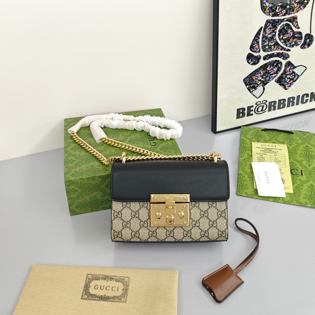 GUCCI Padlock Moonlight Treasure Box Collection Canvas - and - Leather - Trimmed Canvas Bag with Lock Closure, Small Size, Women's Style, Ebony/Black