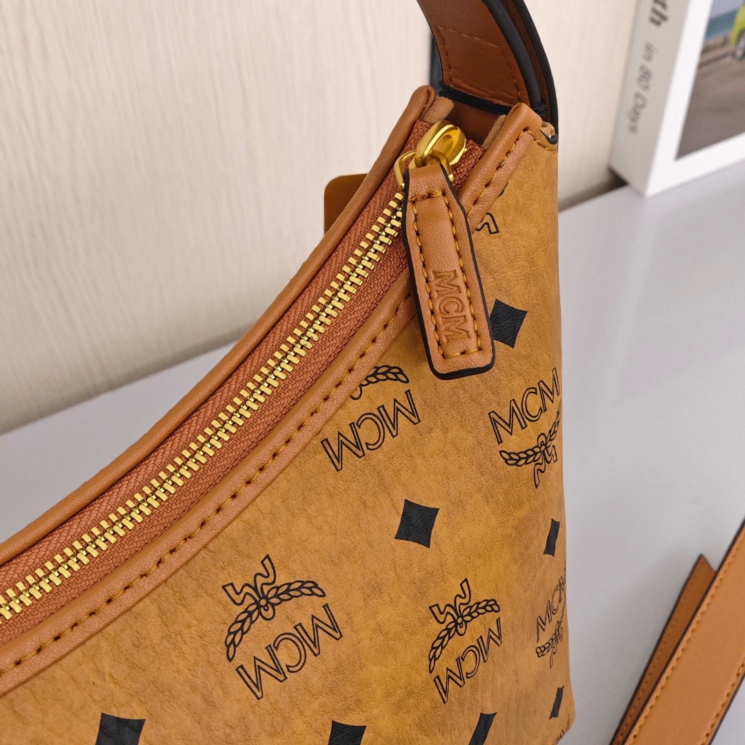 MCM Aren Visetos Monogram Pattern All Over Print, Large Capacity Hobo Handbag, Canvas and Leather Patchwork, Shoulder Bag, Large Size, Women's Style