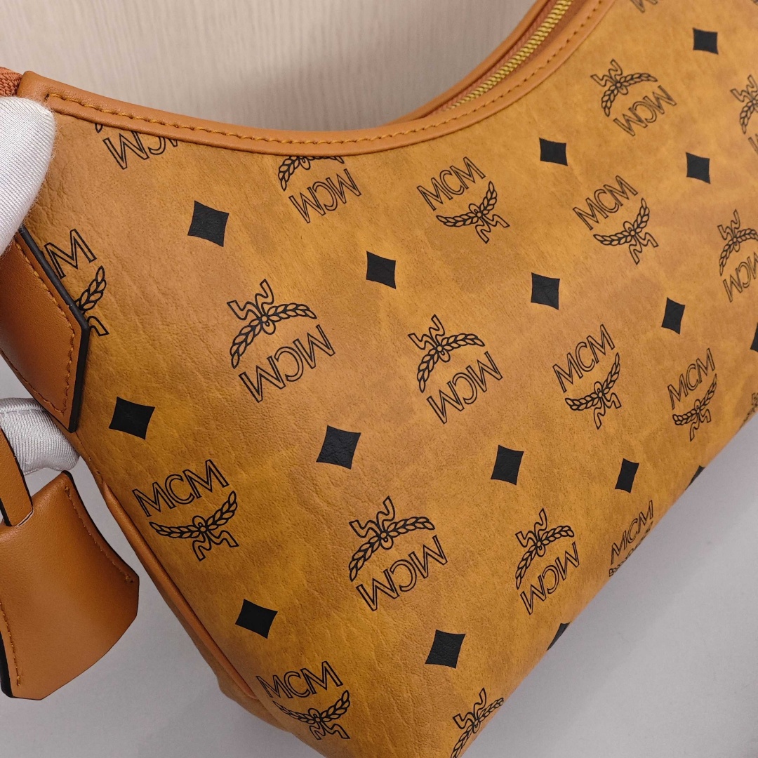 MCM Aren Visetos Monogram Pattern All Over Print, Large Capacity Hobo Handbag, Canvas and Leather Patchwork, Shoulder Bag, Large Size, Women's Style
