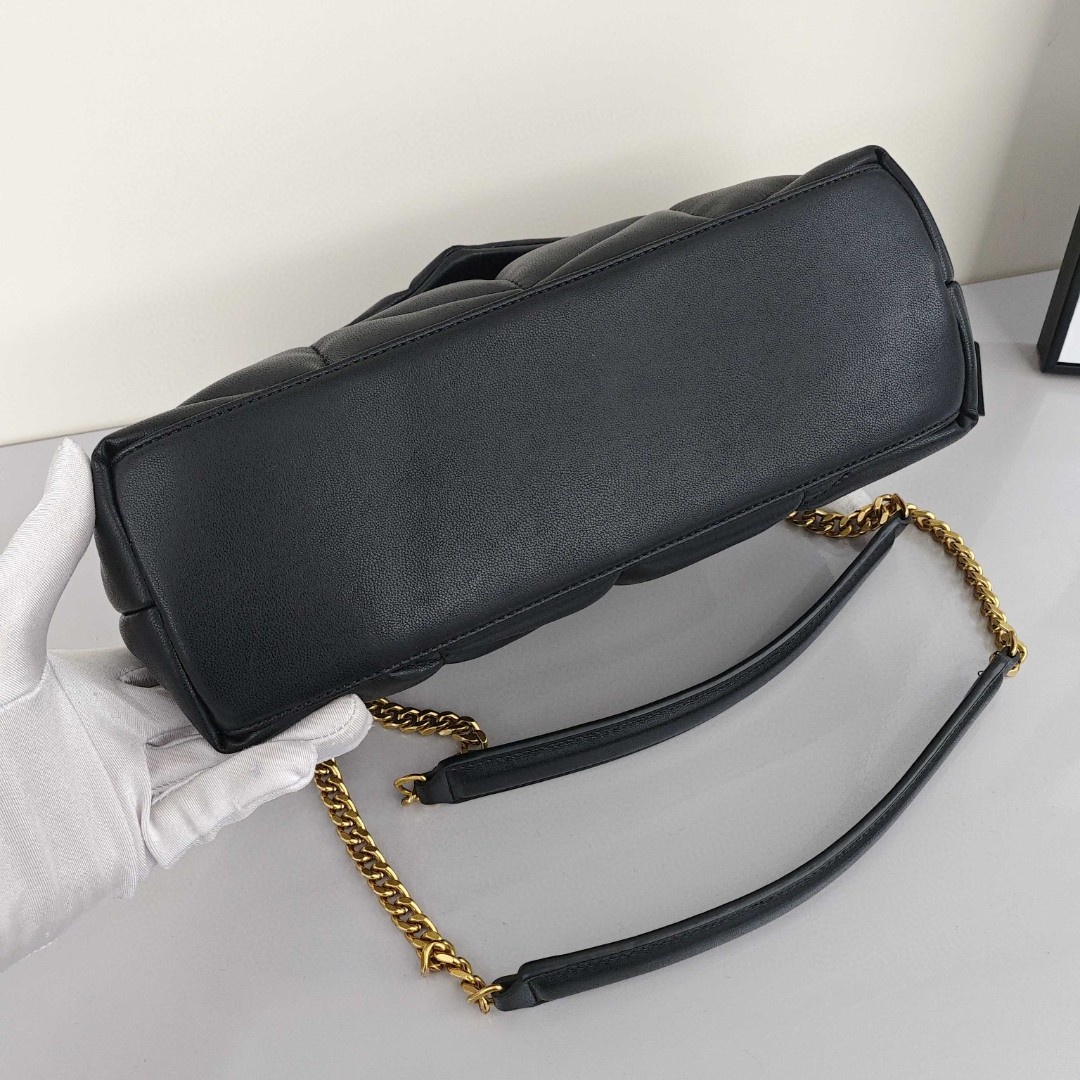 SAINT LAURENT YSL LOULOUPUFFER, Gold - Logo Chain, Lambskin Leather Cloud Bag, Women's Style, Black