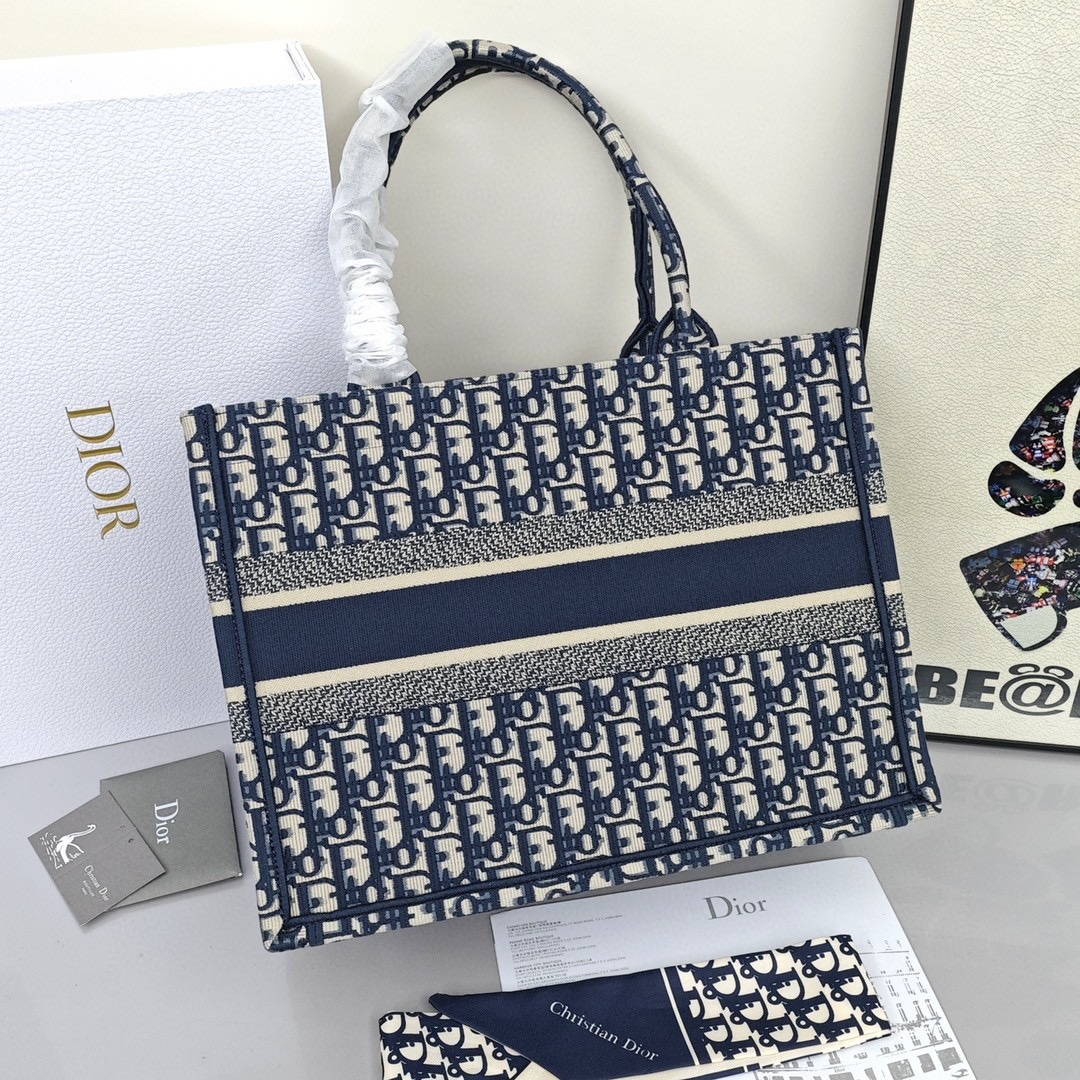 DIOR BookTote, Large - capacity Monogram All - Over Print with Oblique Hand - Embroidery, Shopping Tote Bag, Medium Size, Women's Style, Denim Blue