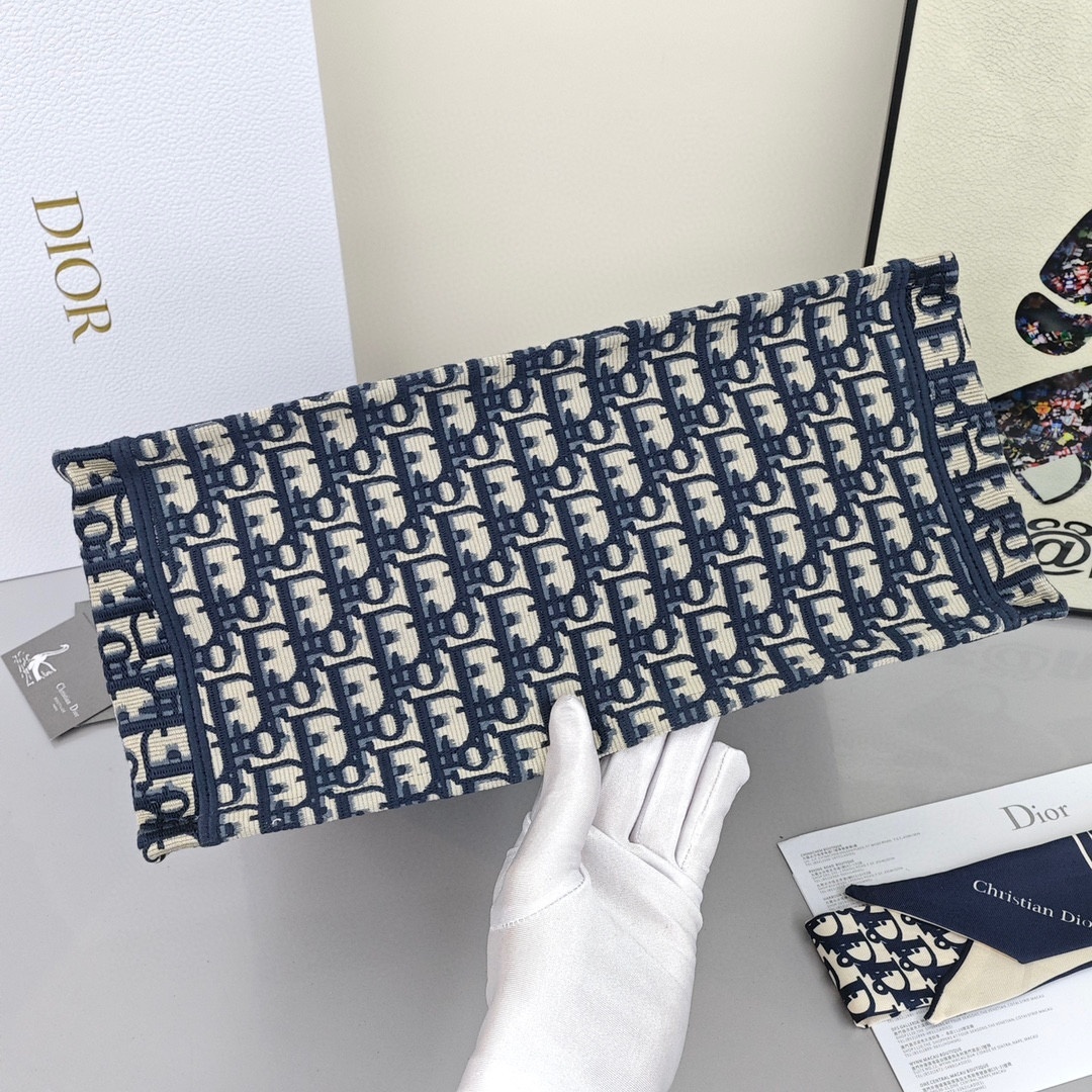 DIOR BookTote, Large - capacity Monogram All - Over Print with Oblique Hand - Embroidery, Shopping Tote Bag, Medium Size, Women's Style, Denim Blue
