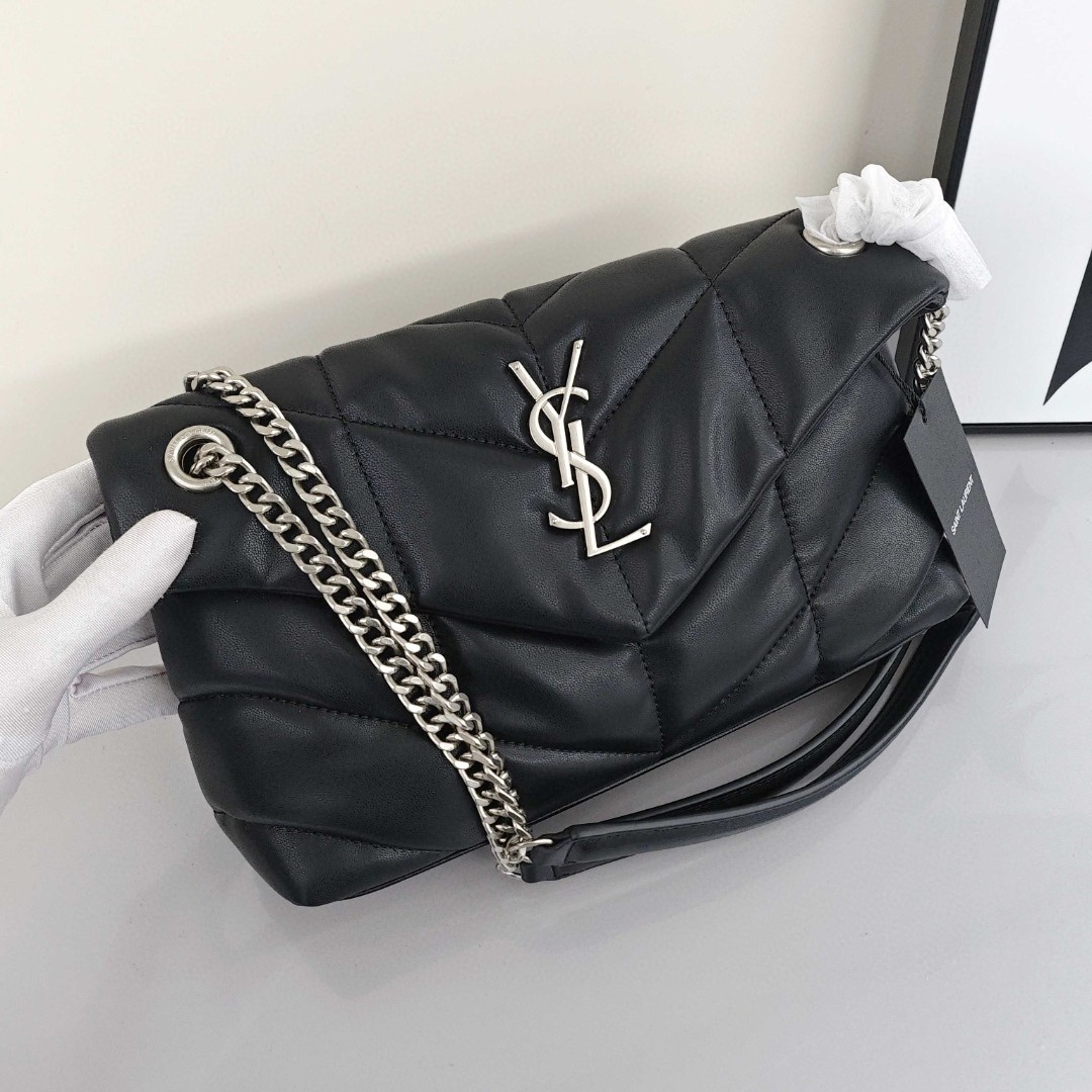 SAINT LAURENT YSL LOULOUPUFFER, Silver - Logo Chain, Lambskin Leather Shoulder Bag, Women's Style, Black
