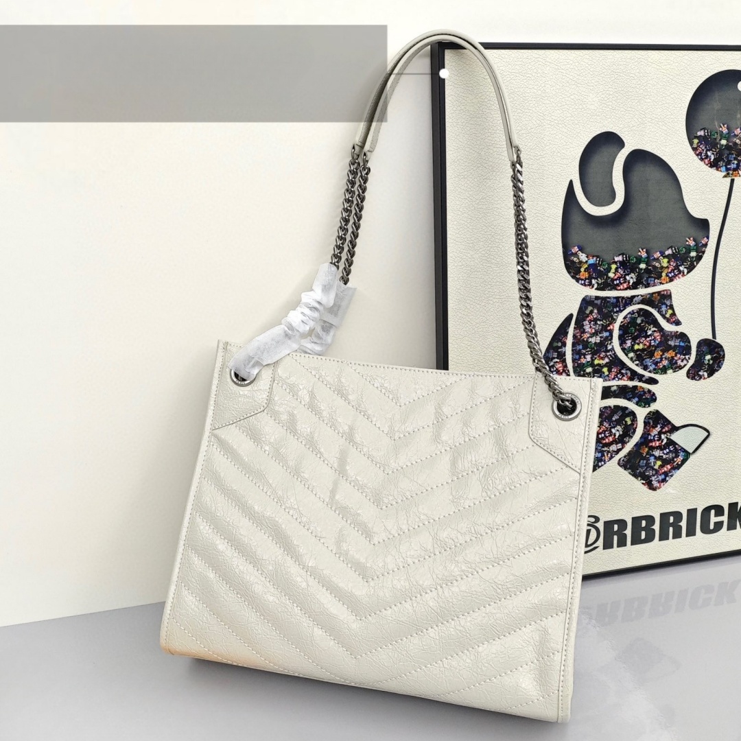 SAINT LAURENT YSL Cowhide Leather Tote Bag, Women's Style, Retro White