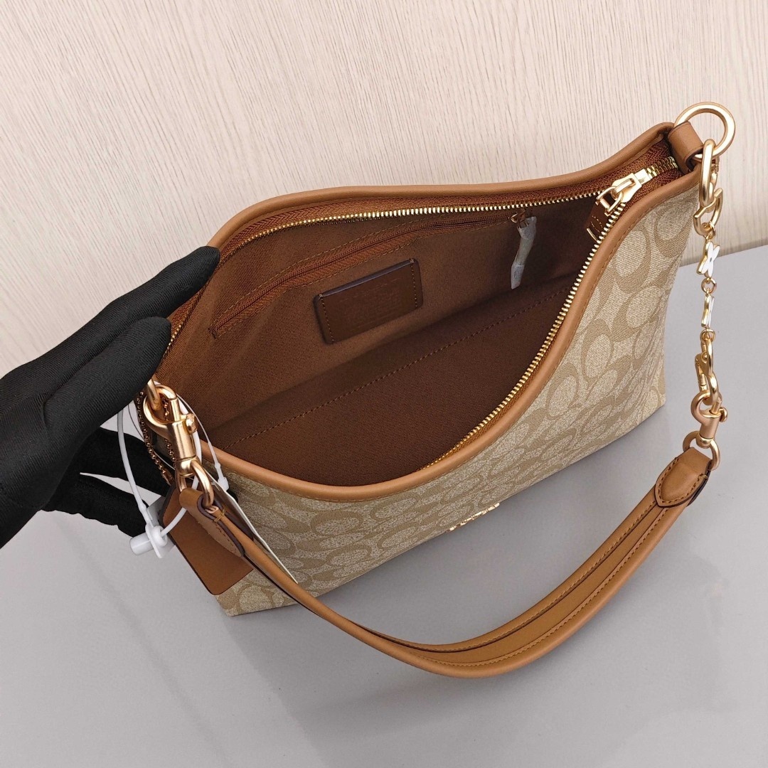 COACH Laurel 31 Coated Fabric with Leather Trim Hobo Under - Arm Bag, Large Size, Women's Style, Light Khaki