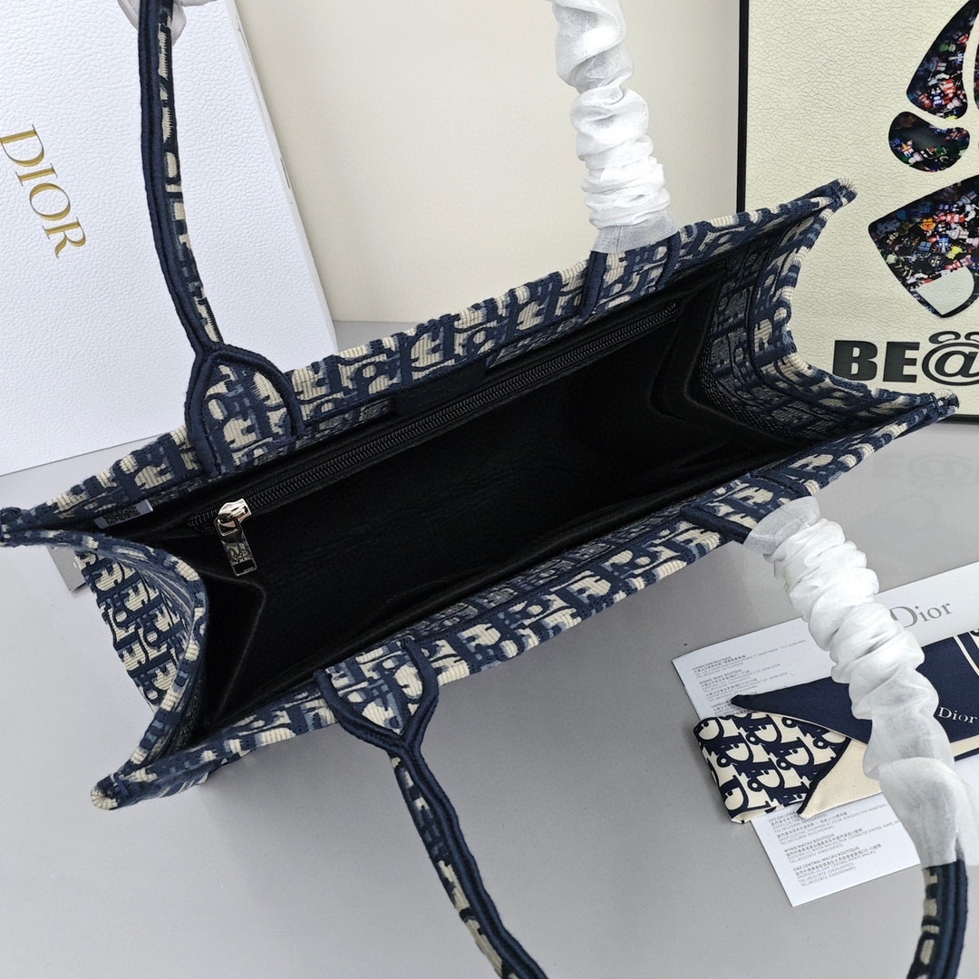 DIOR BookTote, Large - capacity Monogram All - Over Print with Oblique Hand - Embroidery, Shopping Tote Bag, Medium Size, Women's Style, Denim Blue