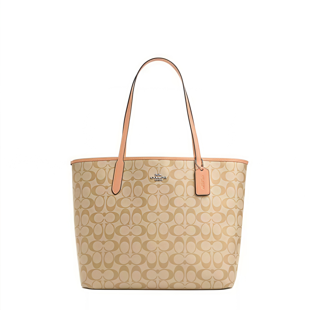 COACH City 33 Classic All - Over Monogram Print, Large - capacity Coated Canvas with Smooth Leather Trim Tote Bag, Women's Style, Milk Tea - beige