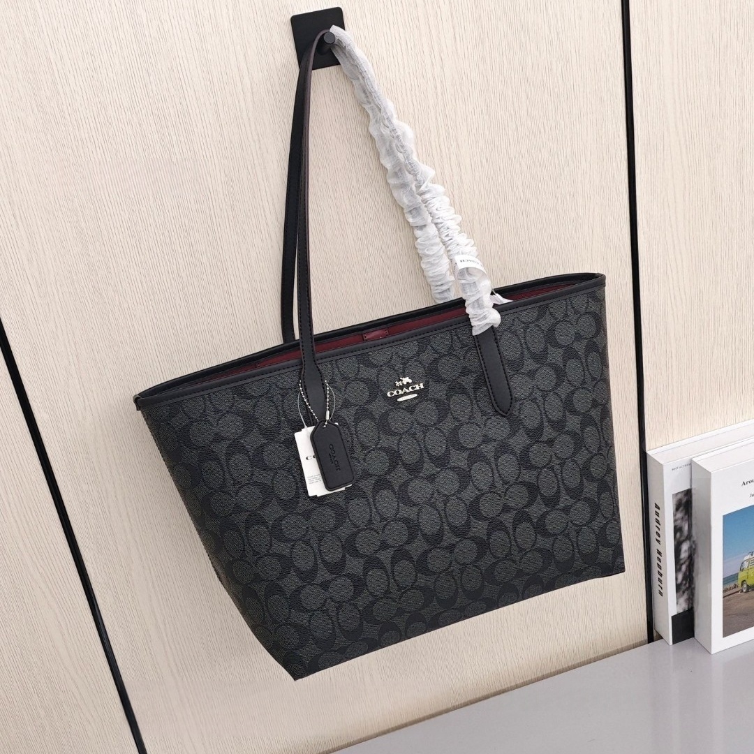 COACH City 33 Synthetic Leather Tote Bag / Shopping Bag / Handbag, Large Size, Women's Style, Carbon Black