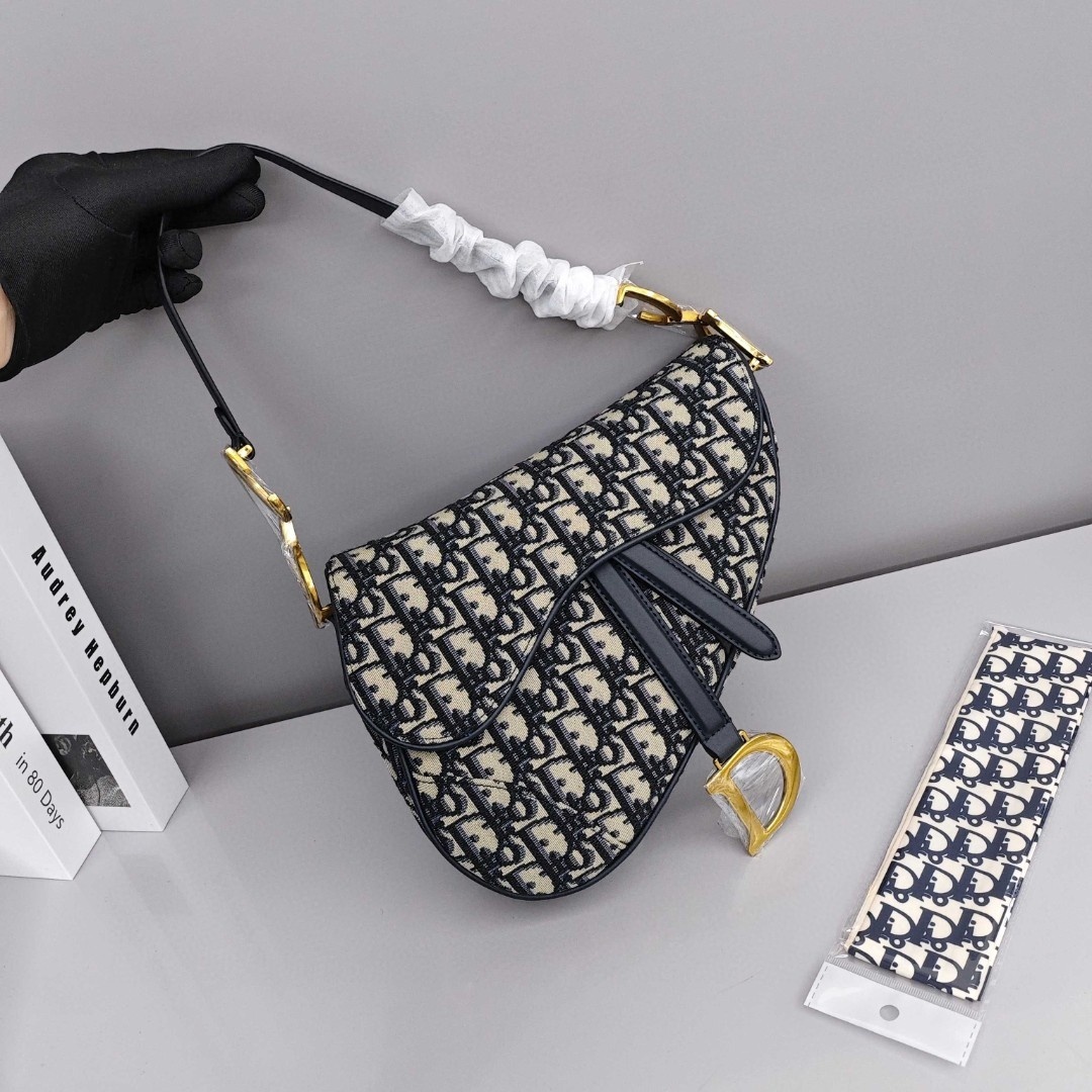 DIOR Saddle, Magnetic Snap - Closure Print Fabric Saddle Bag, Shoulder, Cross - body and Handheld Bag, Medium Size, Women's Style, Blue
