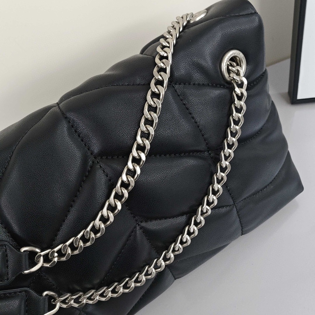 SAINT LAURENT YSL LOULOUPUFFER, Silver - Logo Chain, Lambskin Leather Shoulder Bag, Women's Style, Black