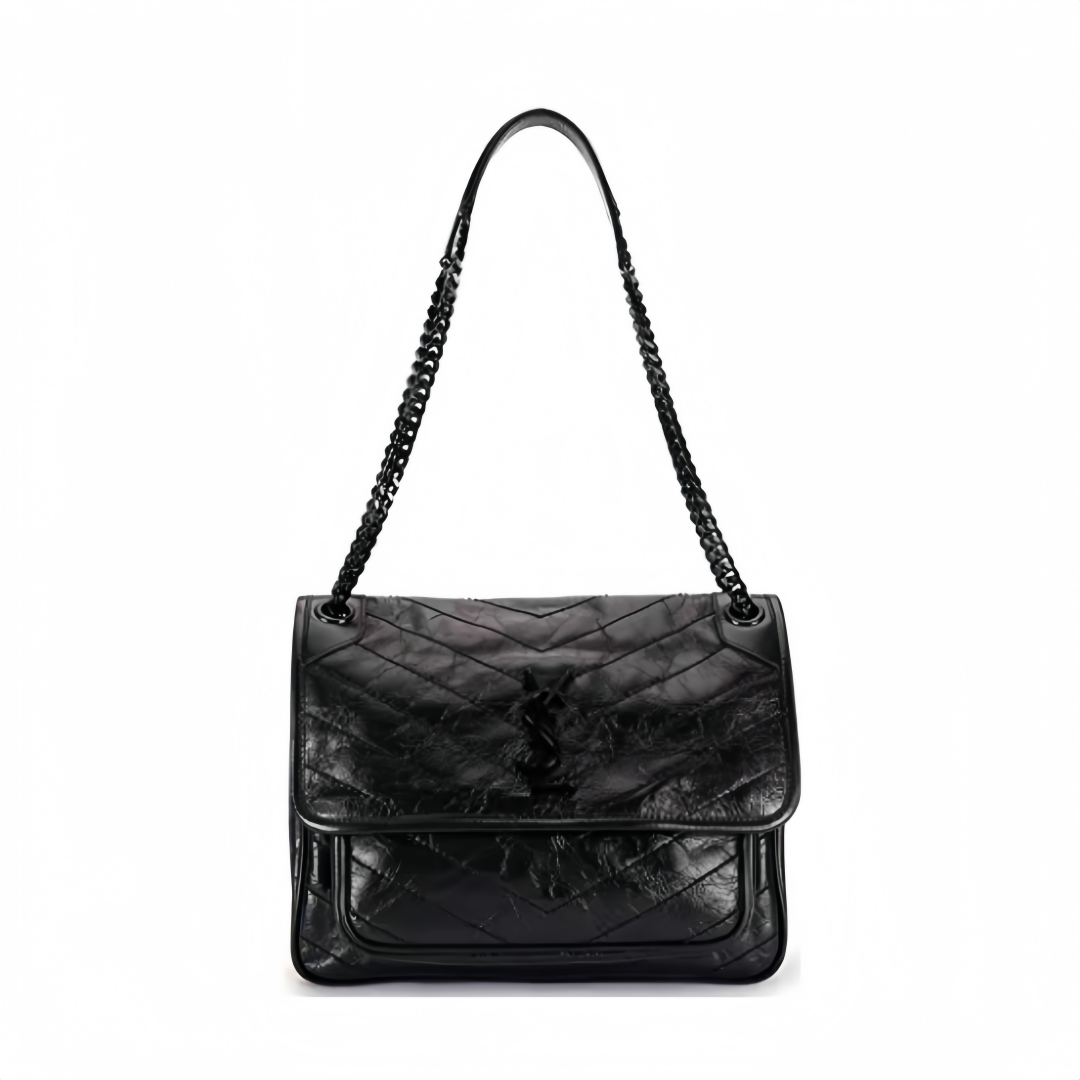 SAINT LAURENT YSL Niki, Retro Pleated with Black Chain and Black Logo, Medium - sized Cowhide Leather Bag, Women's Style, Black