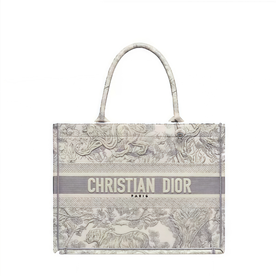 DIOR BookTote, Toile de Jouy Print with Tiger Pattern Embroidery, Tote Bag / Shopping Handbag, Medium Size, Women's Style, Grey