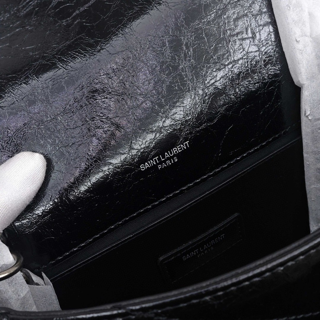 SAINT LAURENT YSL Niki, Retro Pleated with Black Chain and Black Logo, Medium - sized Cowhide Leather Bag, Women's Style, Black