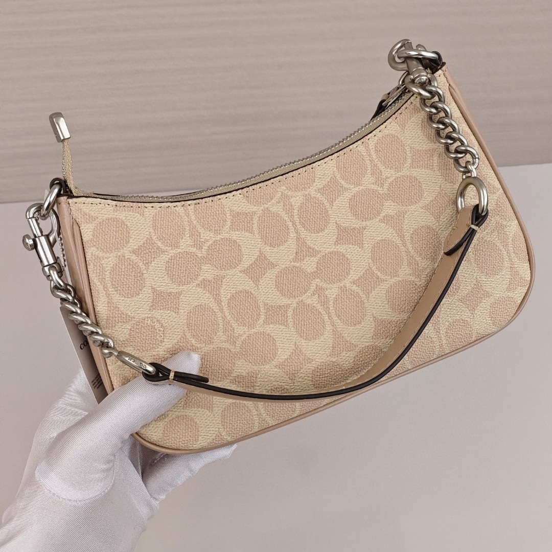 COACH Teri 24 Classic Monogram Logo Shoulder - Crossbody - Handbag, Medium Size, Women's Style, Sand - Yellow with Taupe