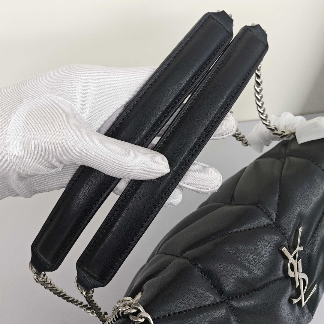 SAINT LAURENT YSL LOULOUPUFFER, Silver - Logo Chain, Lambskin Leather Shoulder Bag, Women's Style, Black