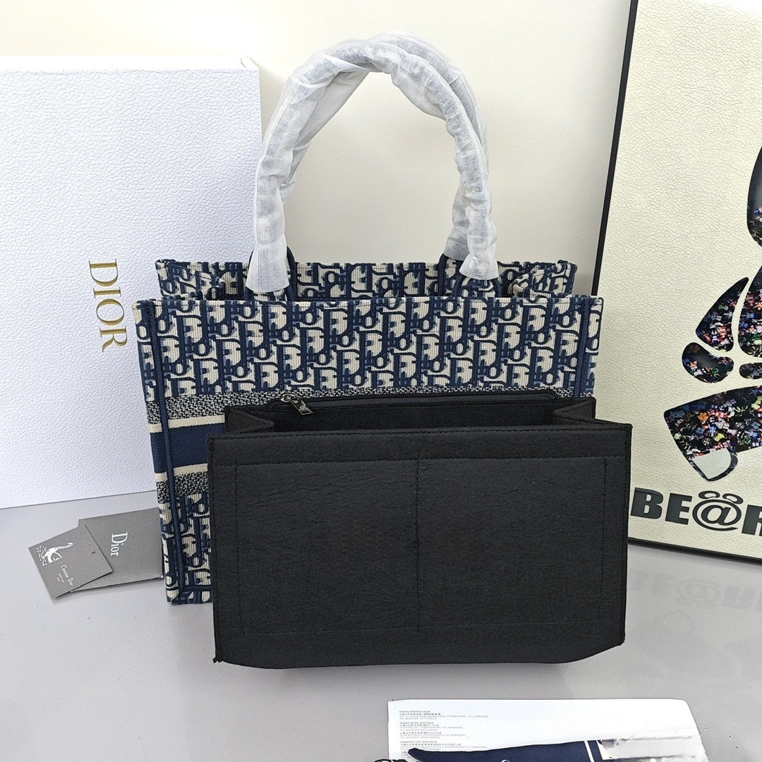DIOR BookTote, Large - capacity Monogram All - Over Print with Oblique Hand - Embroidery, Shopping Tote Bag, Medium Size, Women's Style, Denim Blue