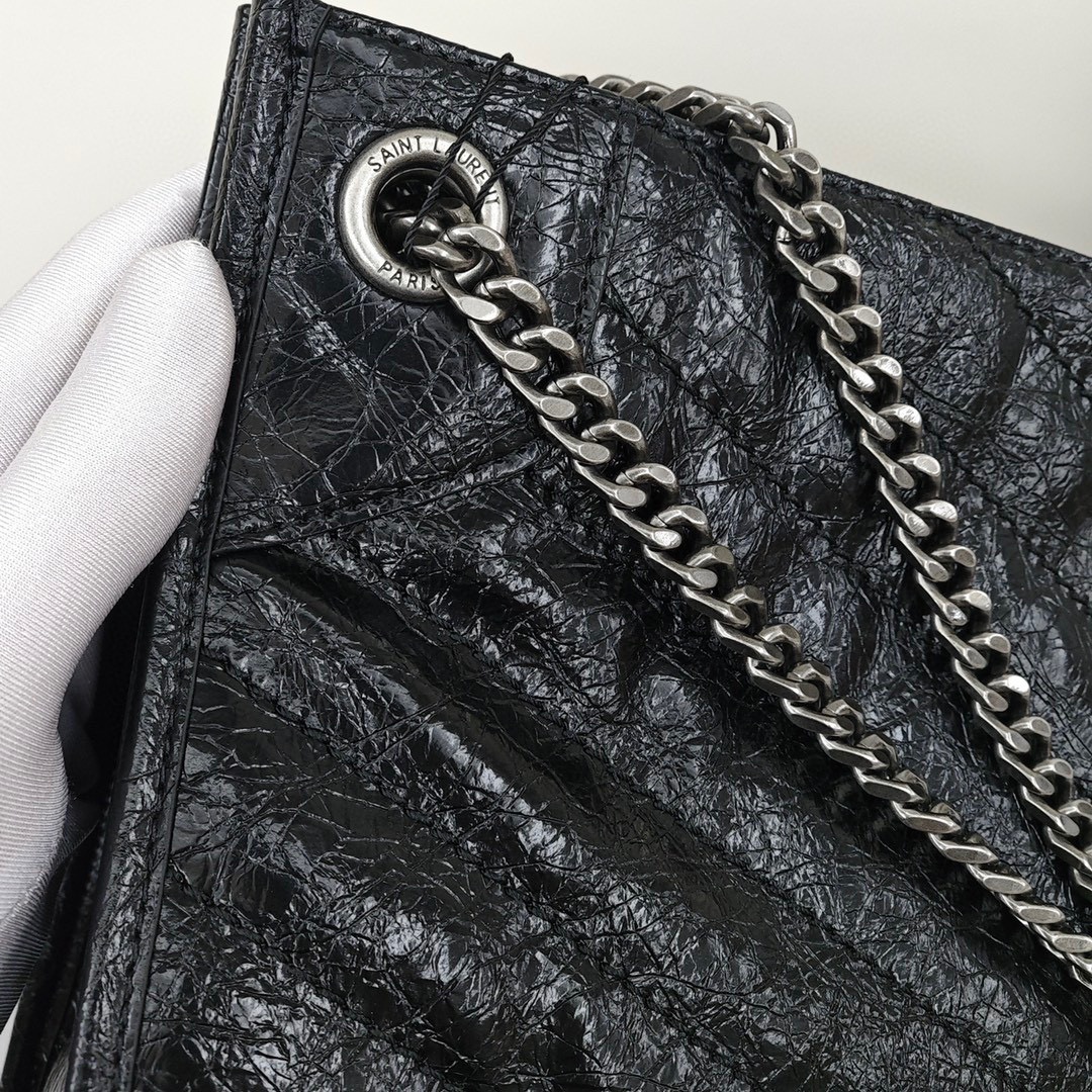 SAINT LAURENT YSL Retro Chain - Pleated Large - Capacity Leather Tote Bag, Women's Style, Black