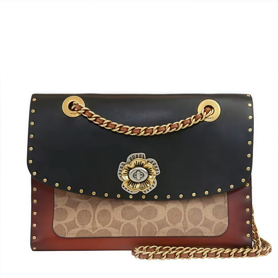 COACH Parker 26 Camellia Print Rivet - Trimmed Handbag, Crossbody Bag, Shoulder Bag for Women. Black with Monogram and Saddle Brown Color - Blocking