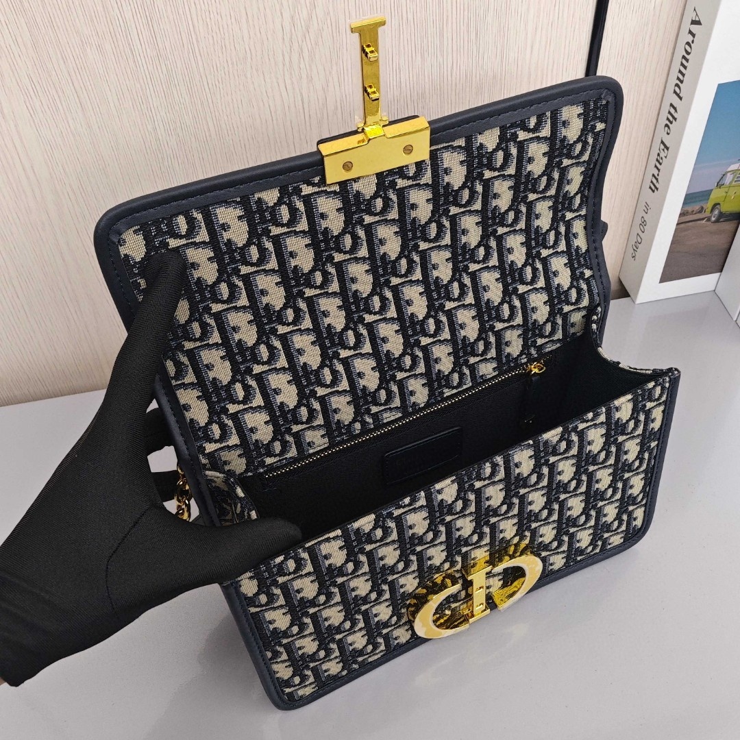 DIOR 30 Montaigne Collection, Monogram All - Over Embroidered Oblique Print with Metal Chain, Medium Size, Women's Style, Denim Blue