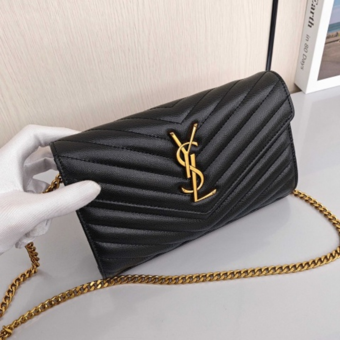 SAINT LAURENT YSL ENVELOPE, Grained Calfskin, Crossbody / Shoulder Bag, Women's Style, Black