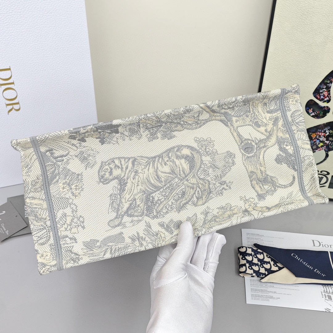 DIOR BookTote, Toile de Jouy Print with Tiger Pattern Embroidery, Tote Bag / Shopping Handbag, Medium Size, Women's Style, Grey