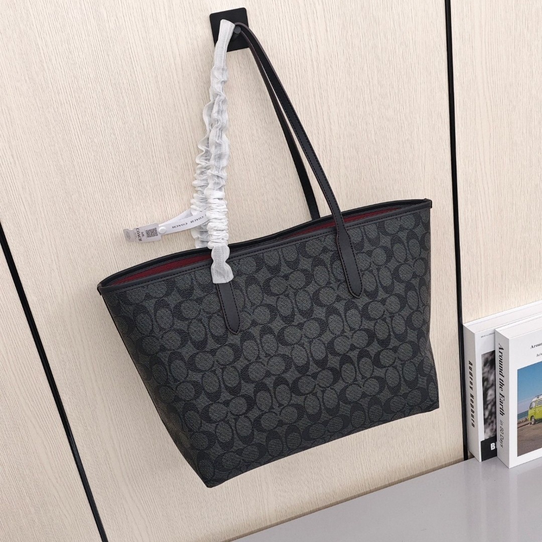 COACH City 33 Synthetic Leather Tote Bag / Shopping Bag / Handbag, Large Size, Women's Style, Carbon Black