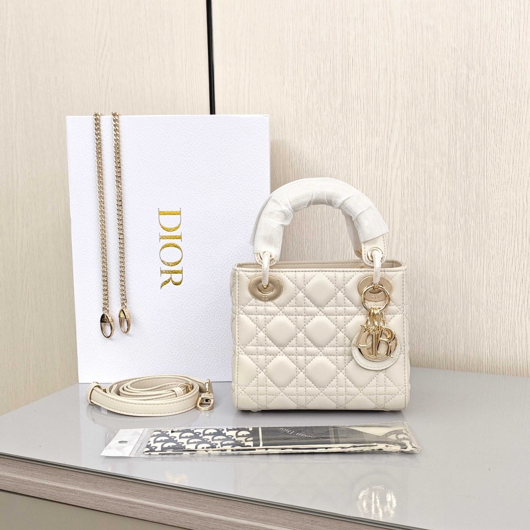 DIOR Lady Dior Metal Chain Three - Compartment Cannage Pattern Lambskin Leather Handheld, Cross - body and Shoulder Bag, Mini Size, Women's Style, Cream - white