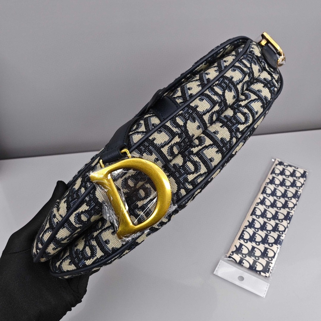 DIOR Saddle, Magnetic Snap - Closure Print Fabric Saddle Bag, Shoulder, Cross - body and Handheld Bag, Medium Size, Women's Style, Blue