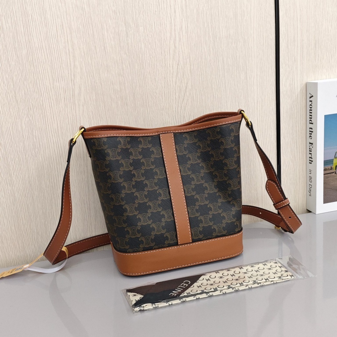 CELINE Triomphe Classic Monogram All - Over Print Canvas with Calfskin Trim Bucket Bag, Medium Size, Women's Style, Tan
