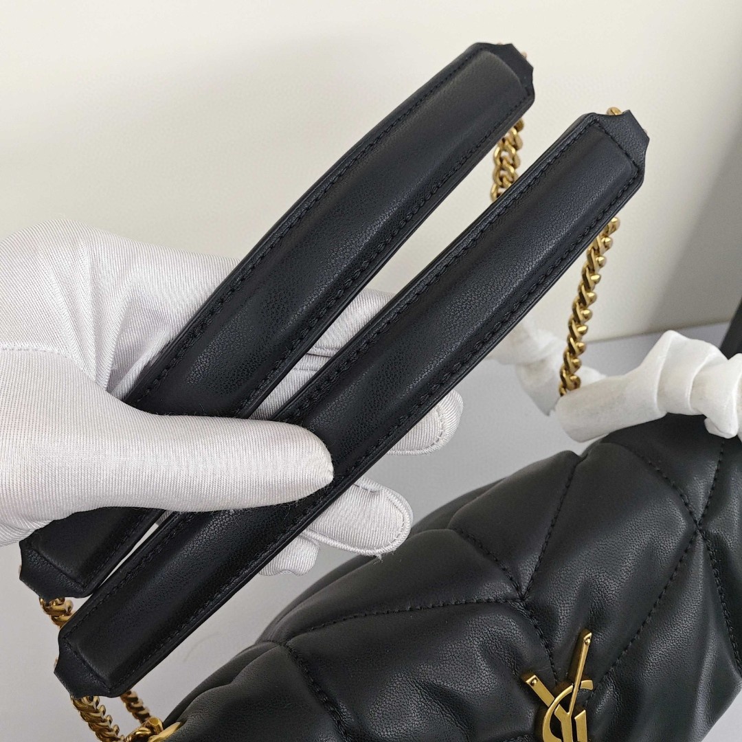 SAINT LAURENT YSL LOULOUPUFFER, Gold - Logo Chain, Lambskin Leather Cloud Bag, Women's Style, Black