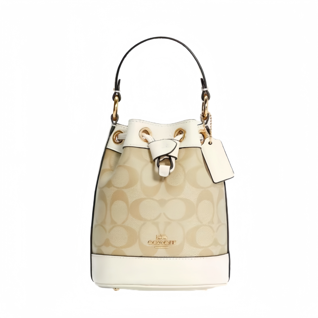 COACH Dempsey 15 Classic Monogram Canvas Coating with Cowhide Trim Bucket Bag, Handbag & Crossbody Bag, Mini Size, Women's Style, Light Khaki