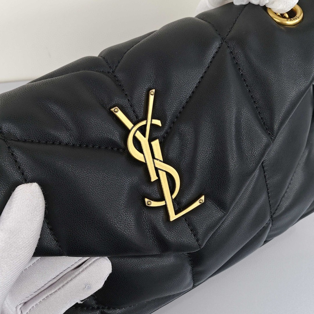 SAINT LAURENT YSL LOULOUPUFFER, Gold - Logo Chain, Lambskin Leather Cloud Bag, Women's Style, Black