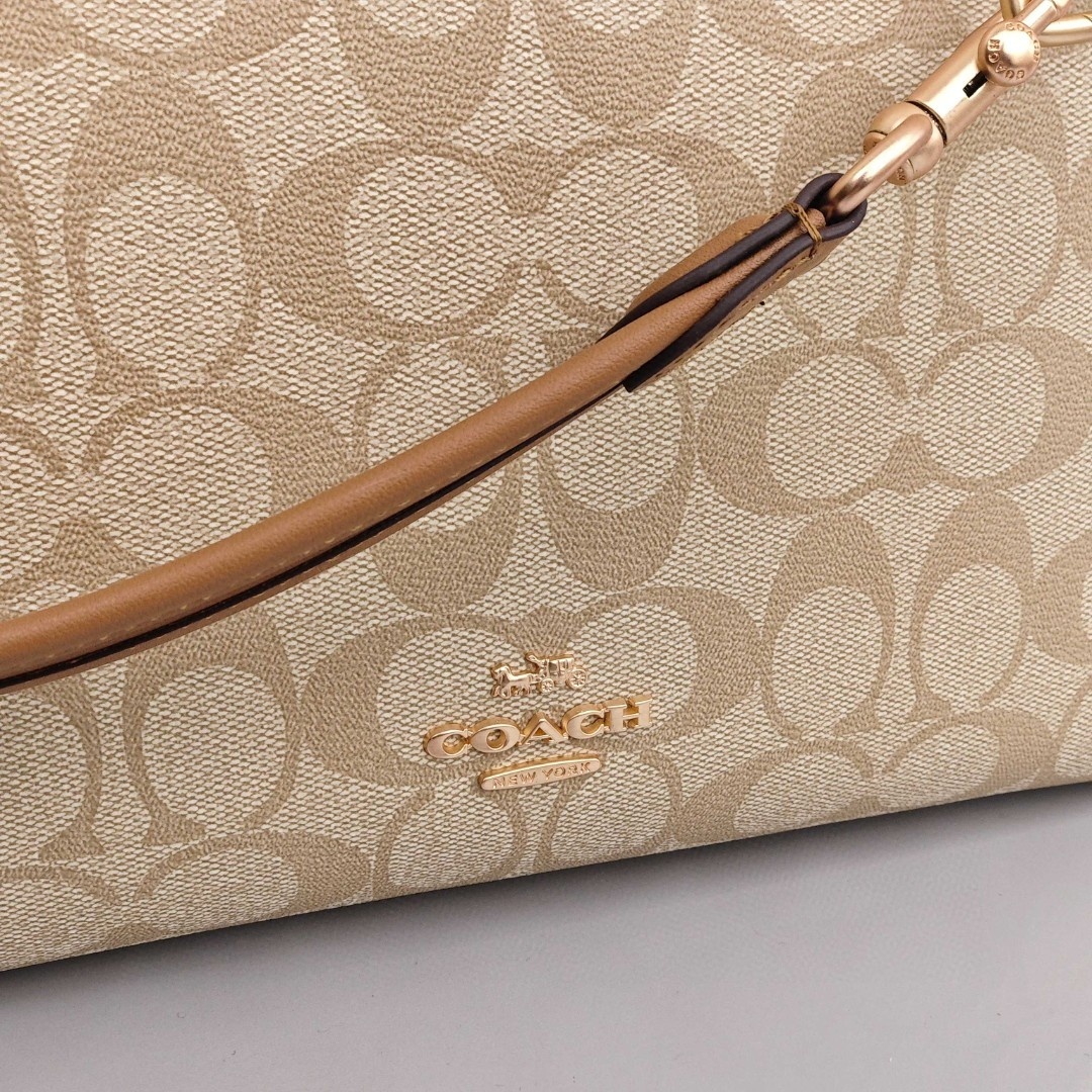 COACH Laurel 31 Coated Fabric with Leather Trim Hobo Under - Arm Bag, Large Size, Women's Style, Light Khaki