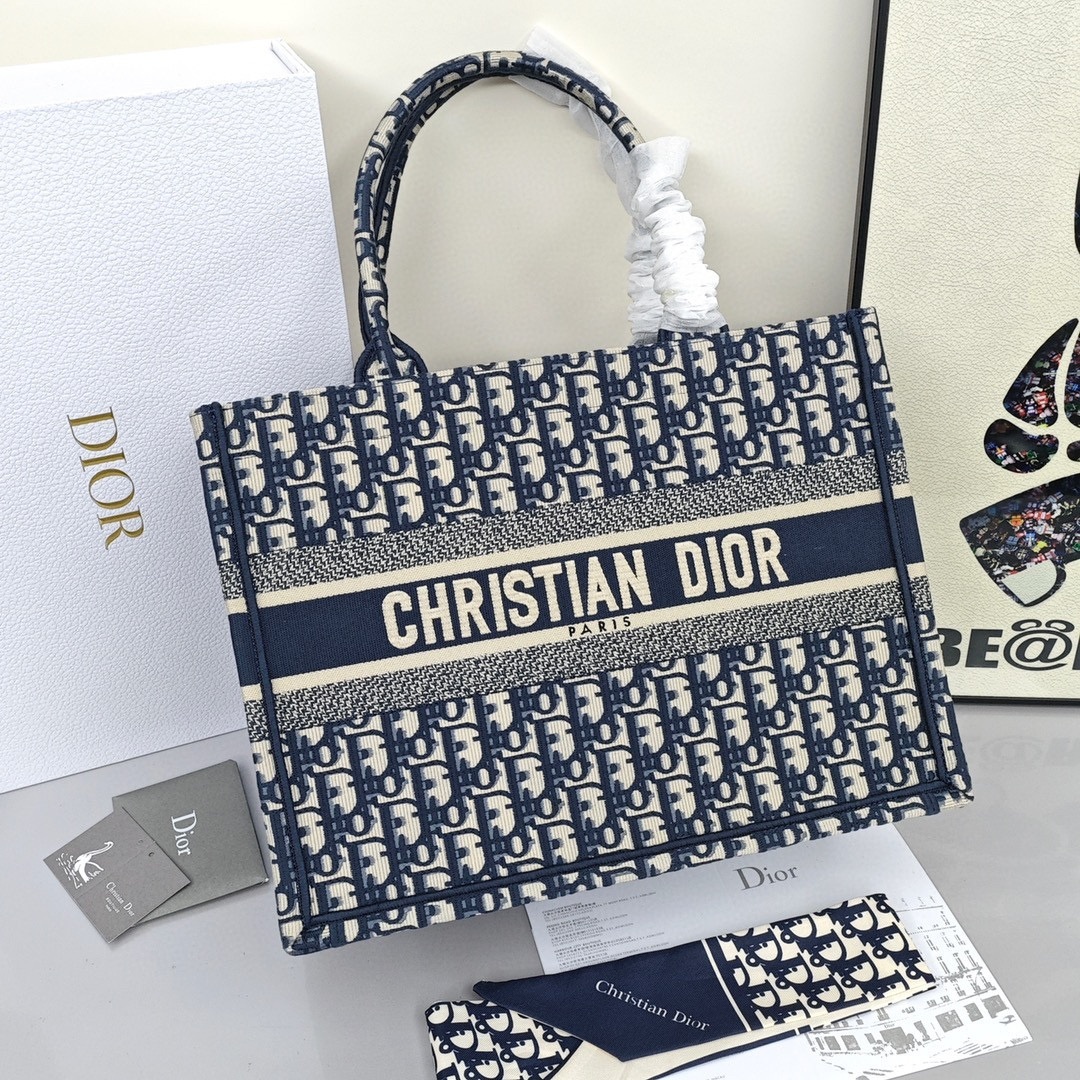DIOR BookTote, Large - capacity Monogram All - Over Print with Oblique Hand - Embroidery, Shopping Tote Bag, Medium Size, Women's Style, Denim Blue