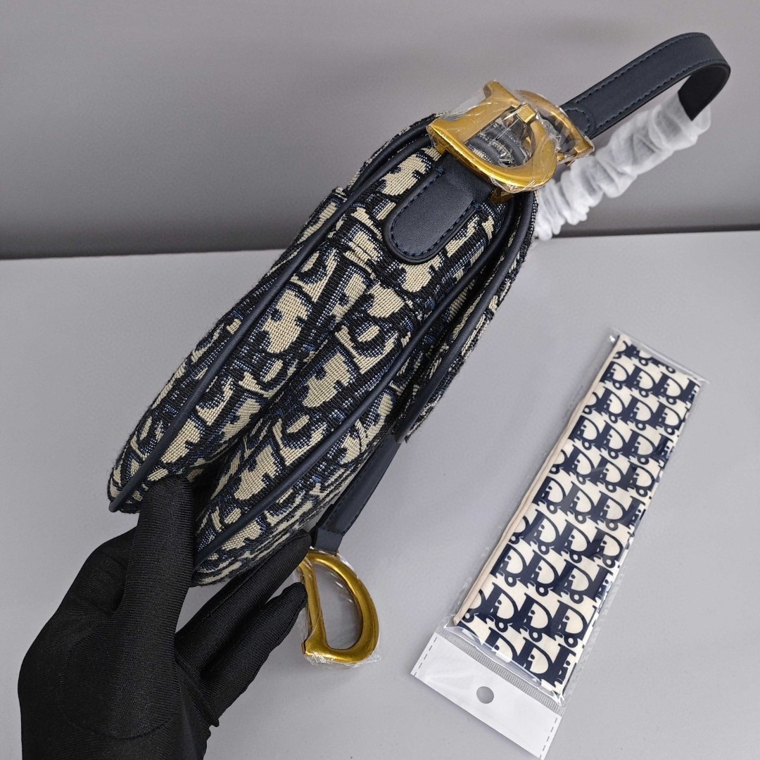 DIOR Saddle, Magnetic Snap - Closure Print Fabric Saddle Bag, Shoulder, Cross - body and Handheld Bag, Medium Size, Women's Style, Blue