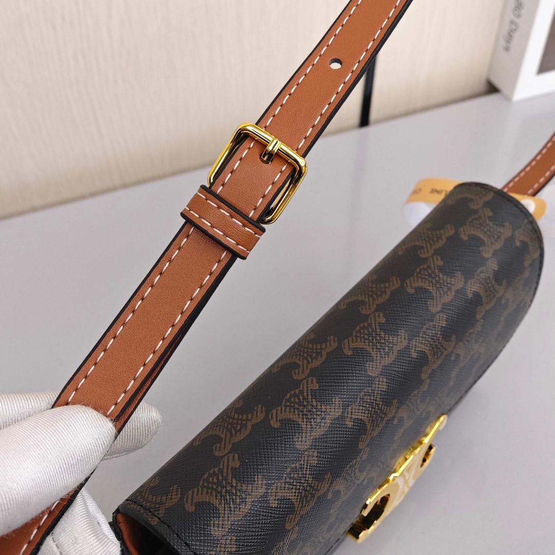 CELINE Triomphe Collection Classic All - Over Monogram Print Cowhide Cross - body and Shoulder Bag, Women's Style, Tan