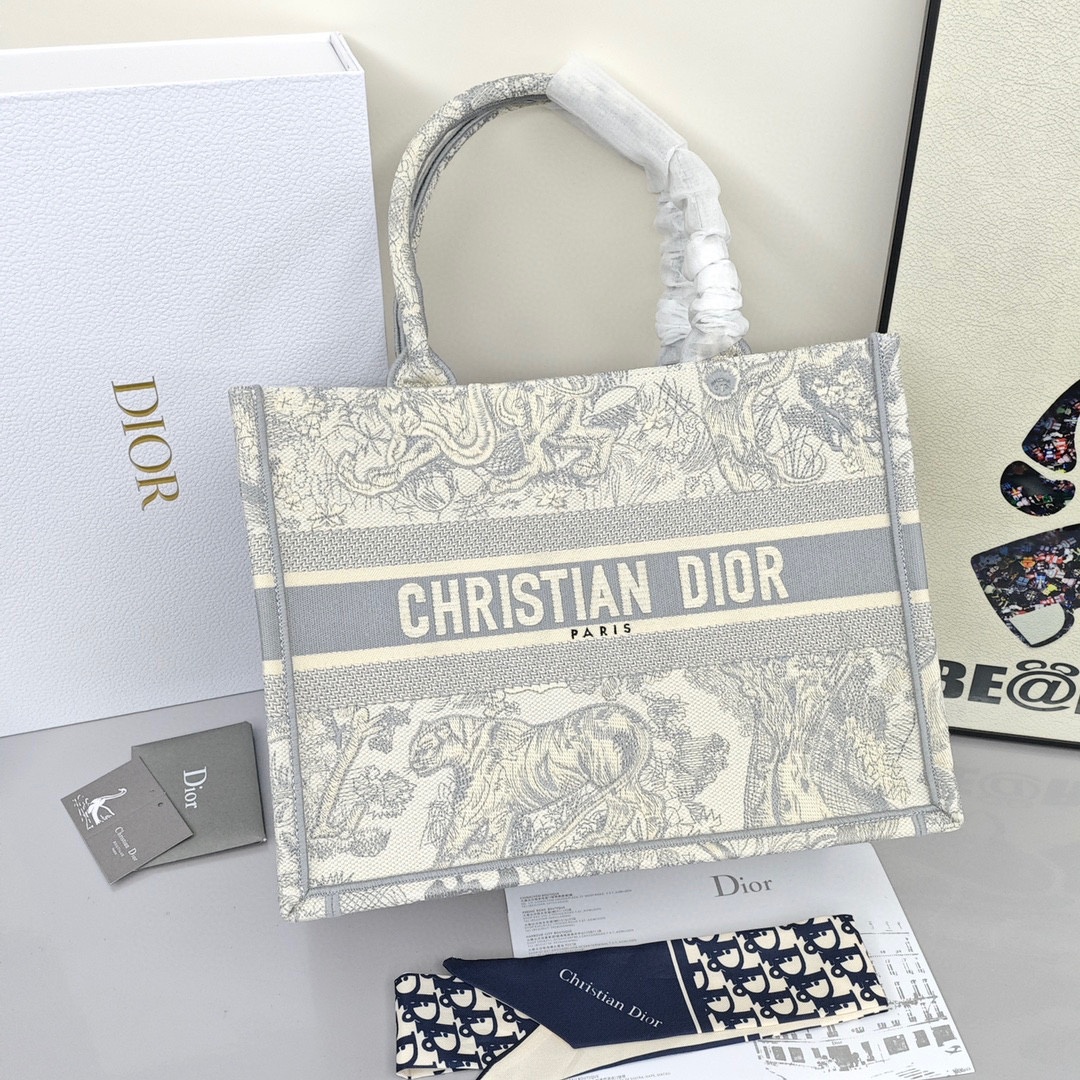 DIOR BookTote, Toile de Jouy Print with Tiger Pattern Embroidery, Tote Bag / Shopping Handbag, Medium Size, Women's Style, Grey